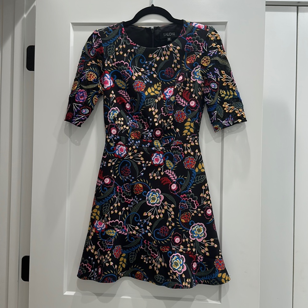 SALONI size 2 mini dress black floral lace sleeves and ruffle skirt- worn once!
